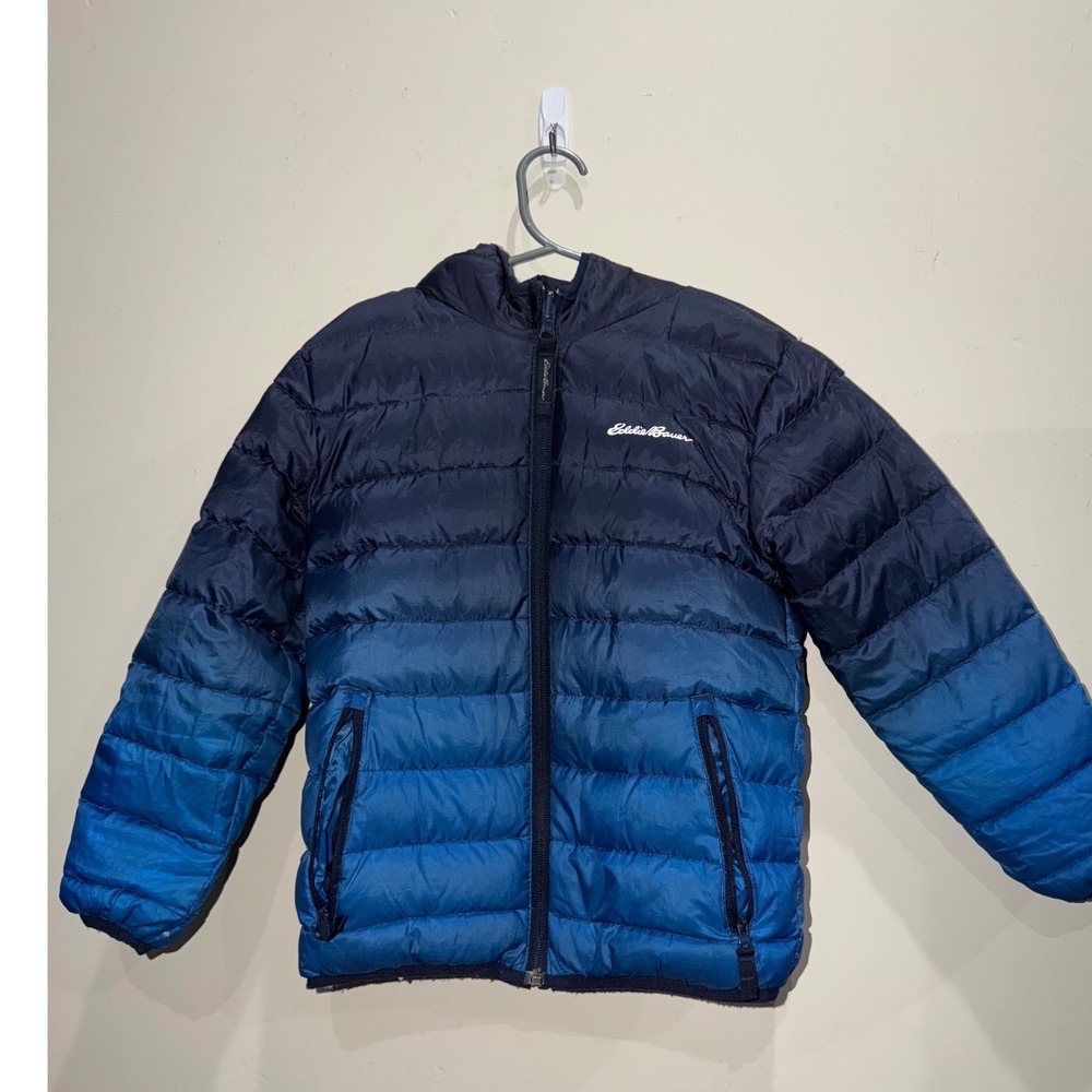 Eddie Bauer Kids Puffer Jacket 5/6 Blue Hooded Lightweight Zip Winter Coat Boys - Picture 1 of 6